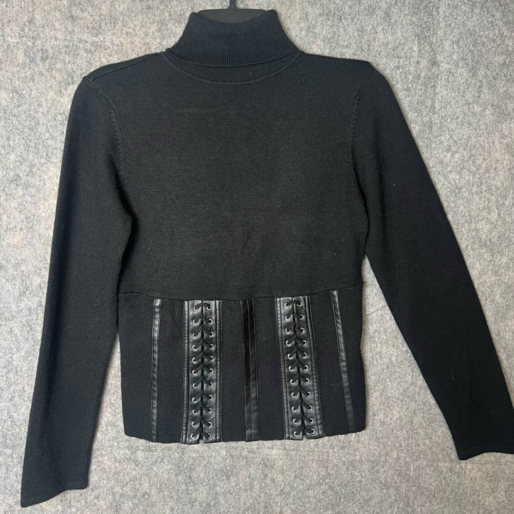 Cabo Woman Size‎ Small Black turtleneck faux leather corset around waist sweater